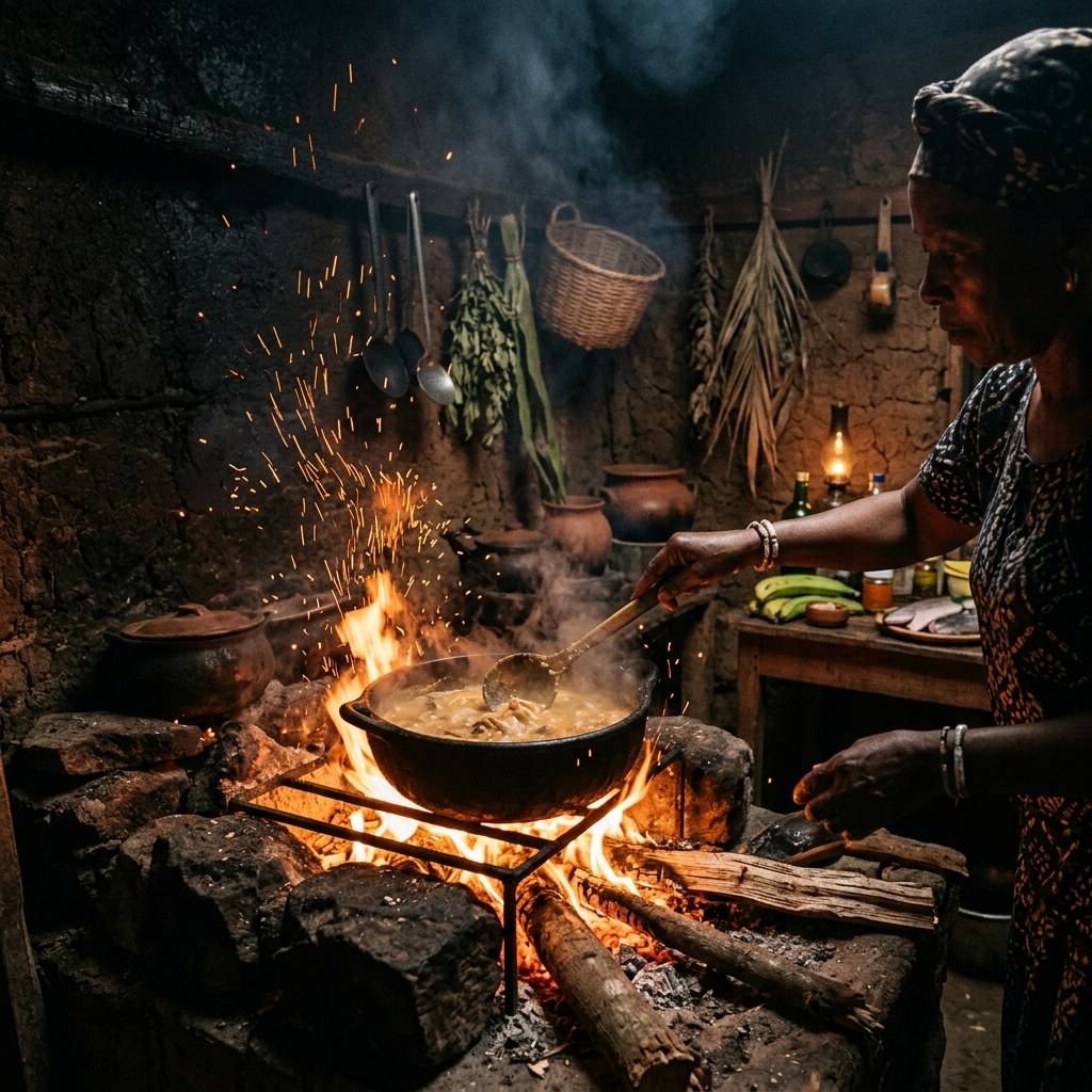 Fogón tradicional del Pacífico colombiano encendido, con la olla al fuego y las hierbas colgadas